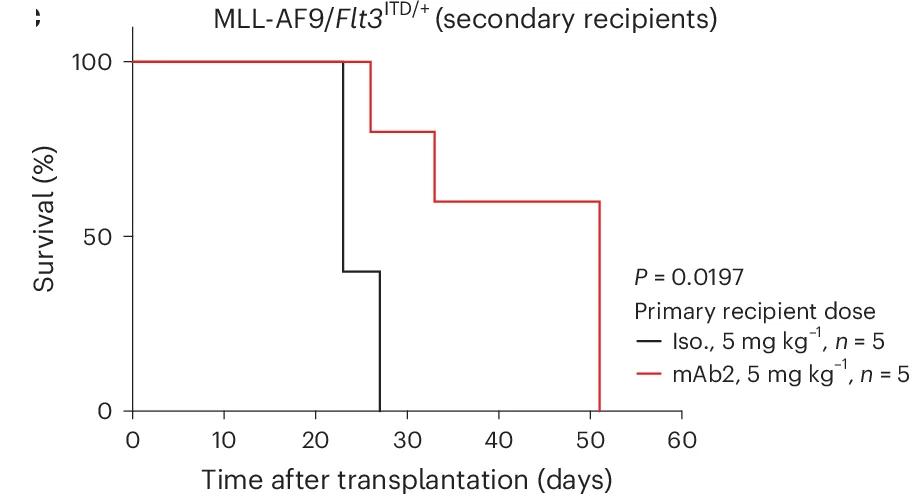 Open access visualization of Survival Curve, KM Survival, Retransplantation, MLL-AF9/Flt3 ITD/+ Cells, Isotype Control