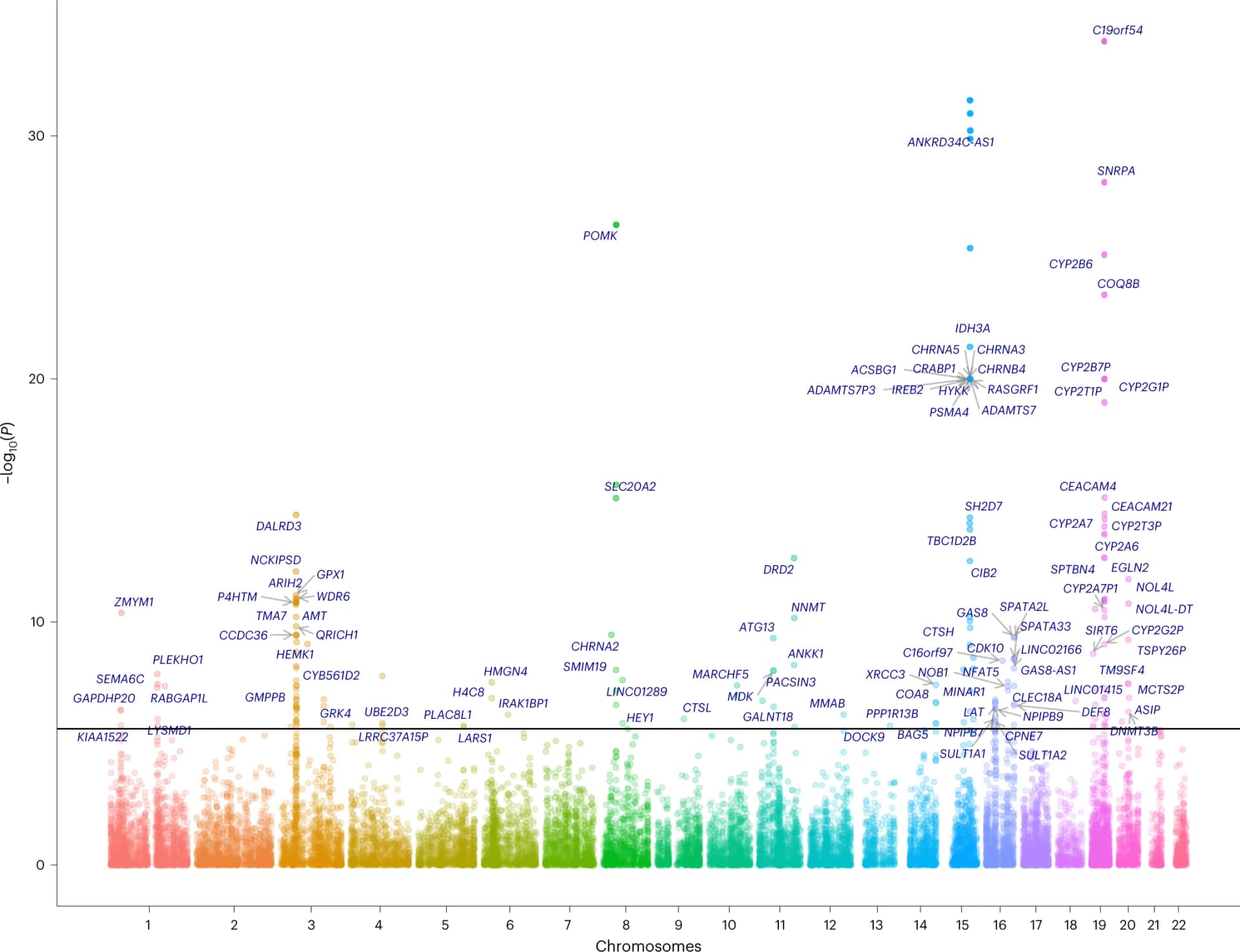 Open access visualization of Scatter Plot, Manhattan Plot, Chromosome, Fine-mapped genes, Posterior inclusion probability