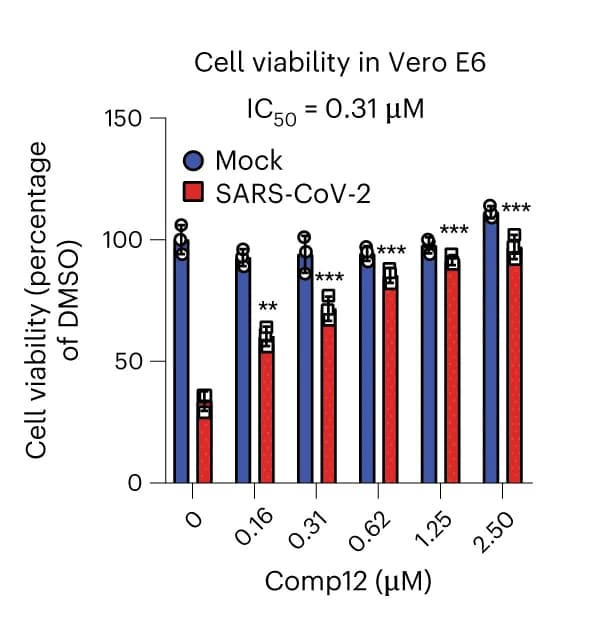 Open access visualization of Bar Plot, Clustered, Error Bars, Vero E6 Cells, Comp12 Inhibitors