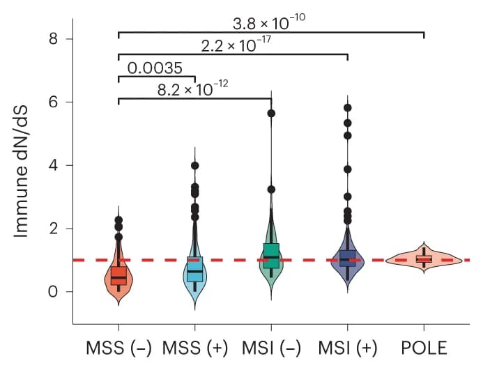Open access visualization of Violin Plot, Immune dN/dS, Microsatellite Instability, POLE mutants, Colorectal Cancer