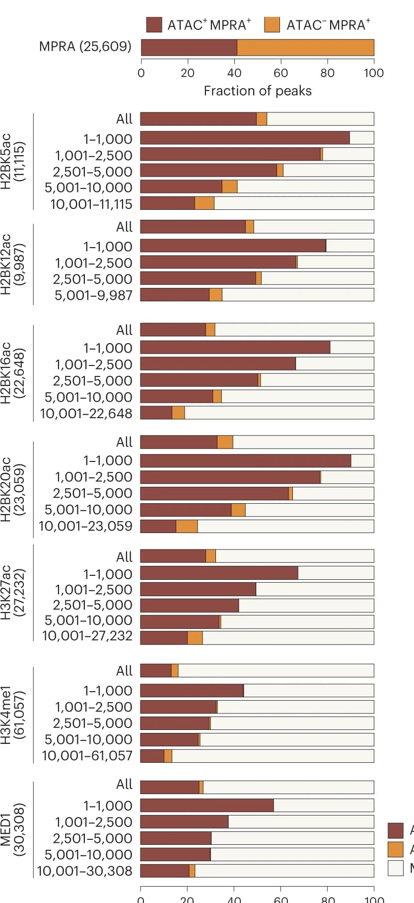 Open access visualization of Stacked Bar Plot, H2BNTac, H3K27ac, H3K4me1, MED1