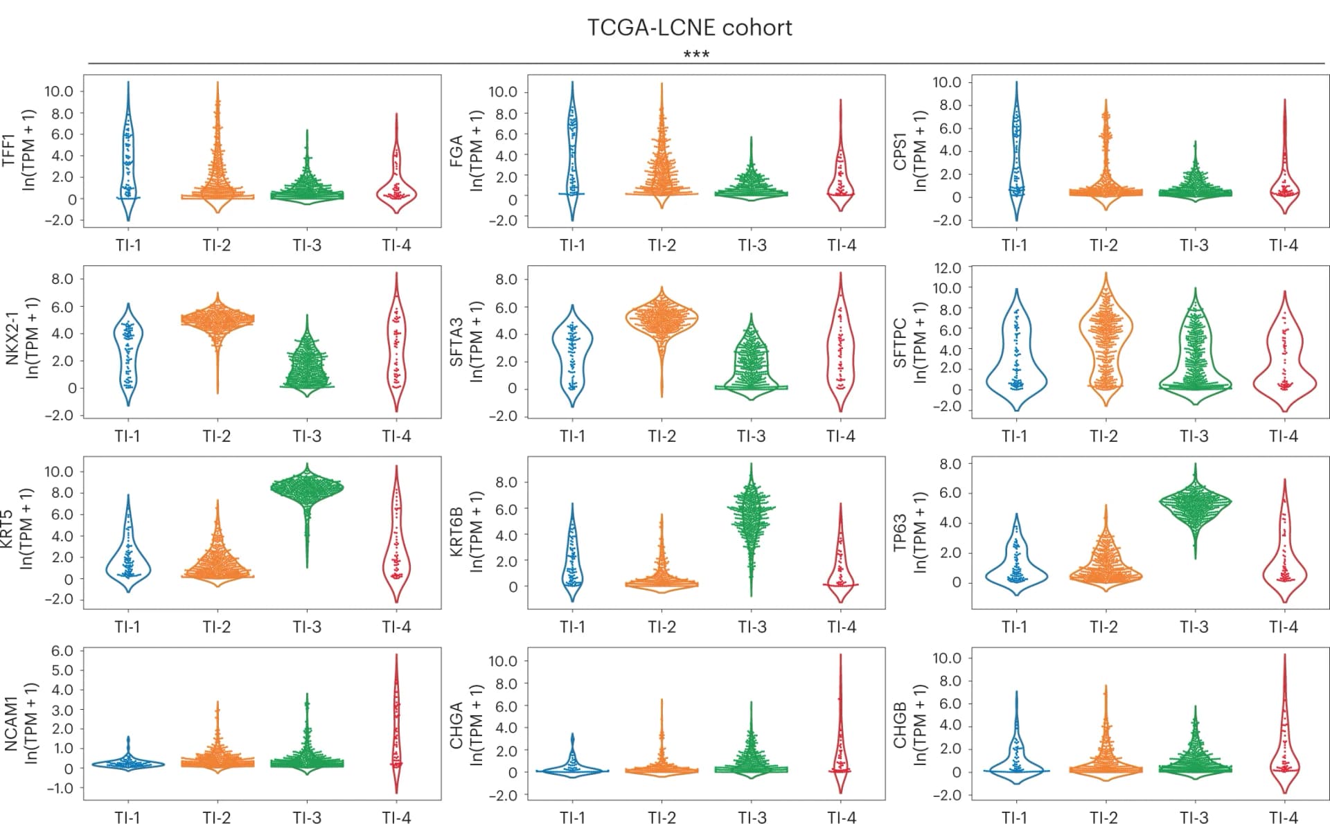Open access visualization of Violin Plot, Violin plots, Cancer subtype, Immunohistochemistry markers, TI clusters