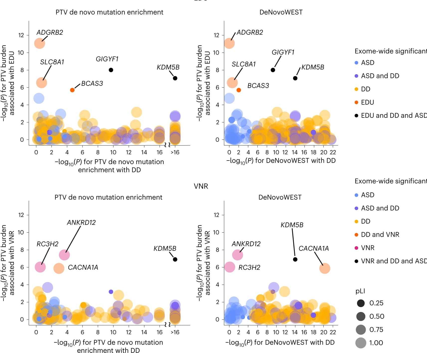 Open access visualization of Bubble Plot, Scatter Plot, Gene-based associations, Developmental Delay, Educational Attainment