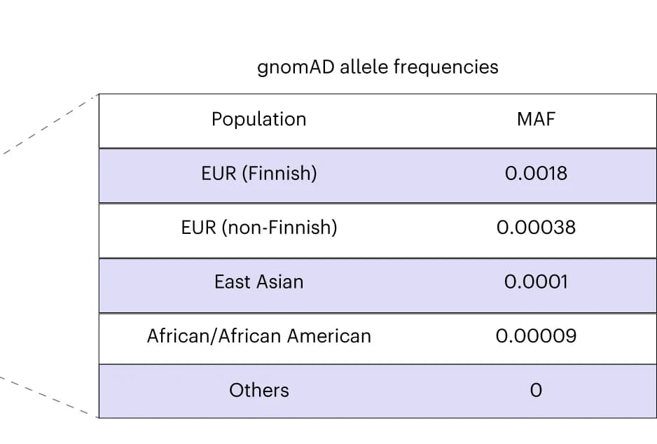 Open access visualization of Table Image, MAFs, Arg460Gly, rs202079239, gnomAD database
