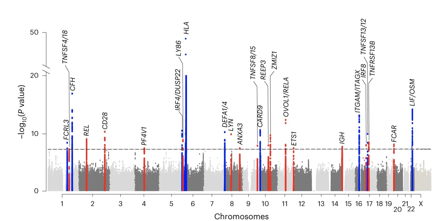 Open access visualization of Manhattan Plot, Meta-analysis, Genome-wide significance, P-value, Genomic position