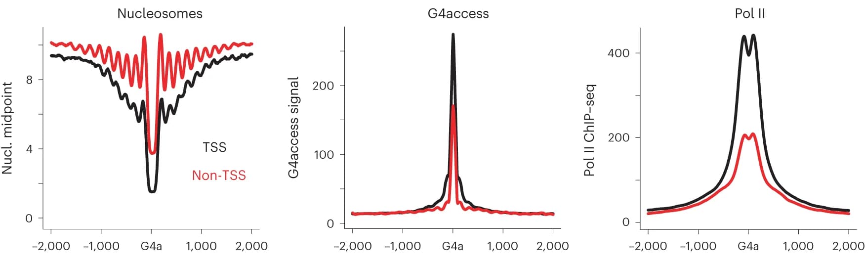 Open access visualization of Line Plot, Nucleosome Positioning, Pol II Recruitment, G4access Sites, Promoter Sites