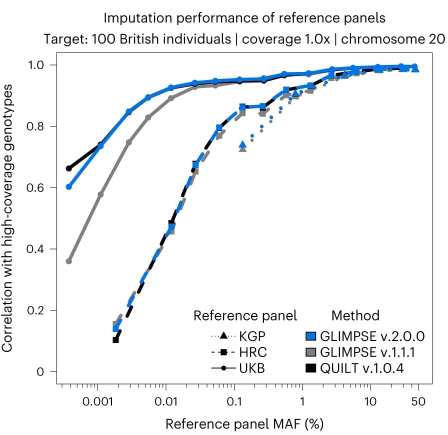 Open access visualization of Line Plot, Chromosome 20, Imputation methods, Reference panels, MAF