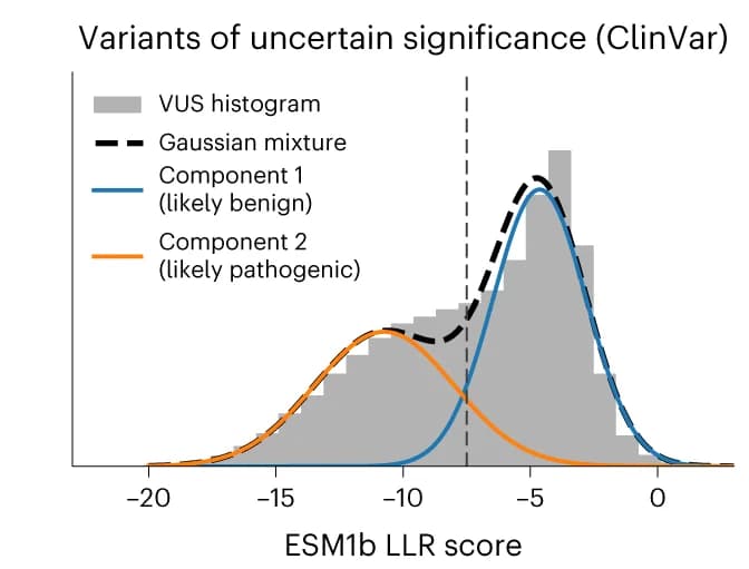 Open access visualization of Histogram, Line Plot, Density Plot, ESM1b effect scores, ClinVar missense VUS