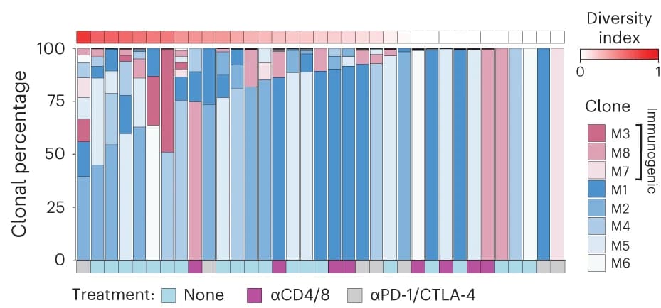 Open access visualization of Stacked Bar Plot, Heatmap, Clonal percentages, Lung Tumors, M1-8 clones