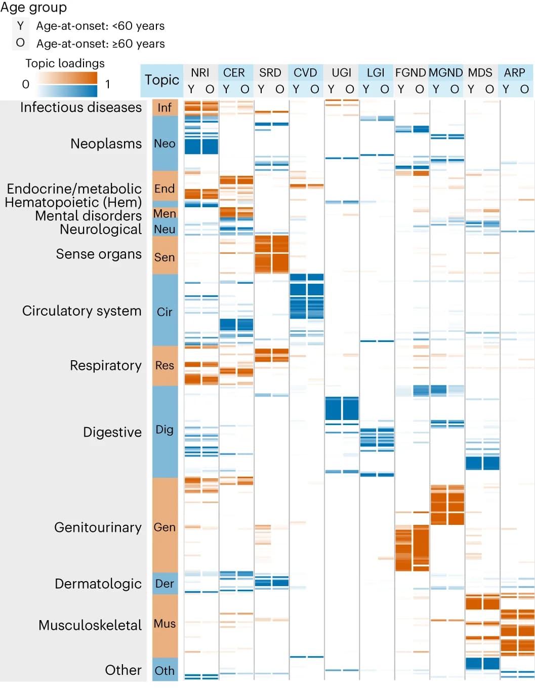 Open access visualization of Heatmap, Clustered, Topic loadings, Disease categories, Phecode systems