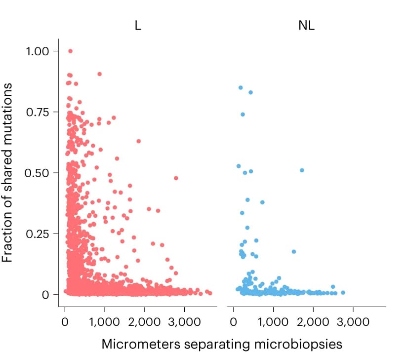 Open access visualization of Scatter Plot, Microbiopsy Pairs, Skin Biopsy, Mutations, Distance