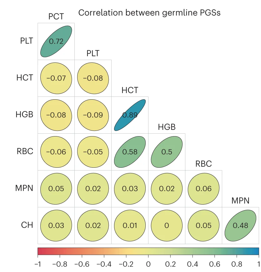 Open access visualization of Heatmap, Pearson Correlation Coefficients, Blood Cell Traits, CH, MPN