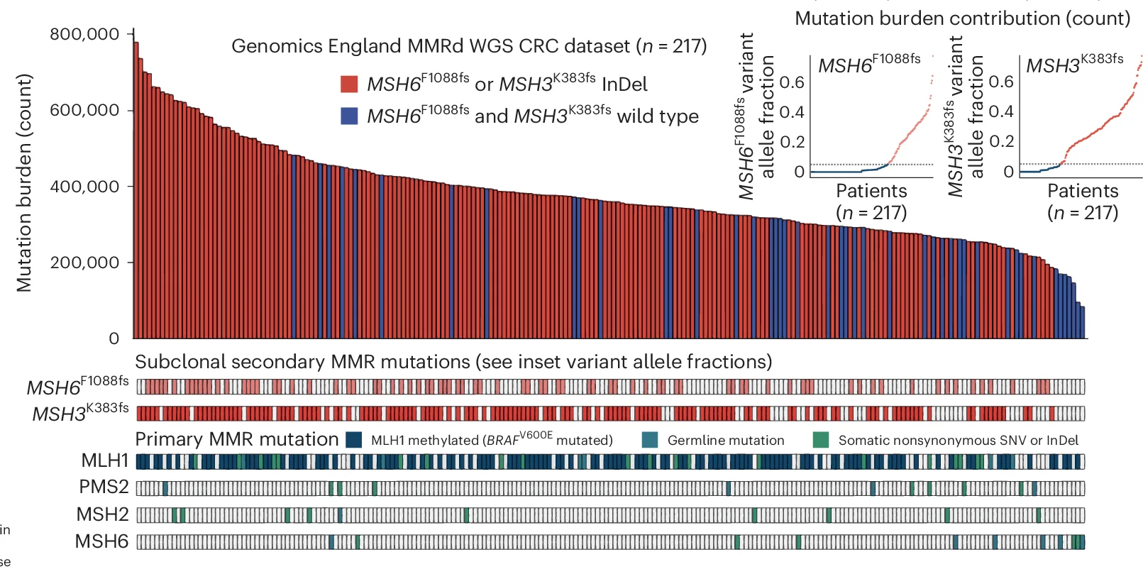 Open access visualization of Bar Plot, Line Plot, MSH6 F1088fs, MSH3 K383fs, Homopolymer Frameshifts