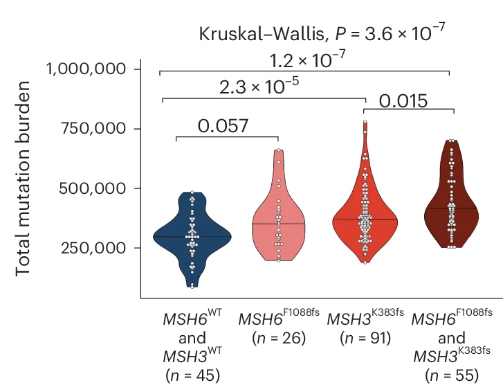 Open access visualization of Violin Plot, Single Nucleotide Variant, Indel, Mutation Burden, MSH6 F1088fs