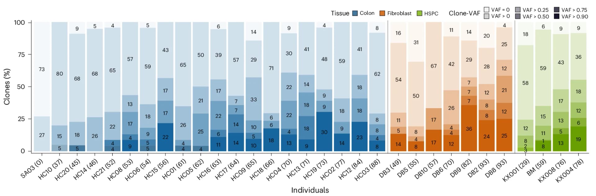 Open access visualization of Stacked Bar Plot, Clone Proportions, Maximum Clone-VAFs, Individuals, Tissues