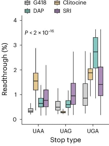 Open access visualization of Box Plot, Sequence Feature, Readthrough Efficiency, HEK293T_LP Cells, Stop Codon Identity
