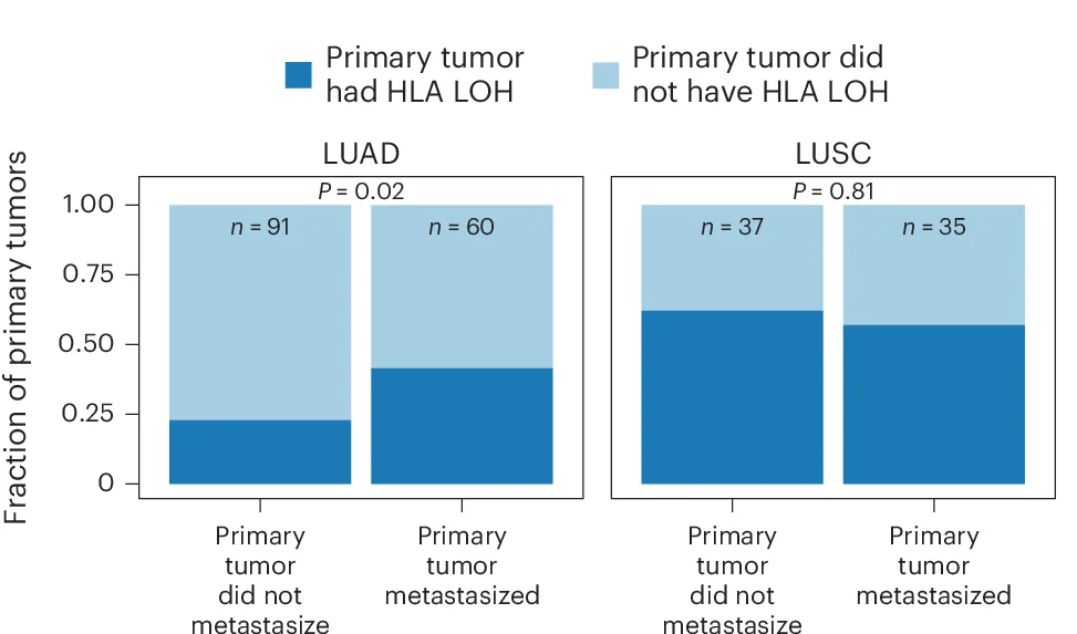 Open access visualization of Stacked Bar Plot, LUAD Tumors, HLA LOH, Metastasis, Fisher’s Exact Test