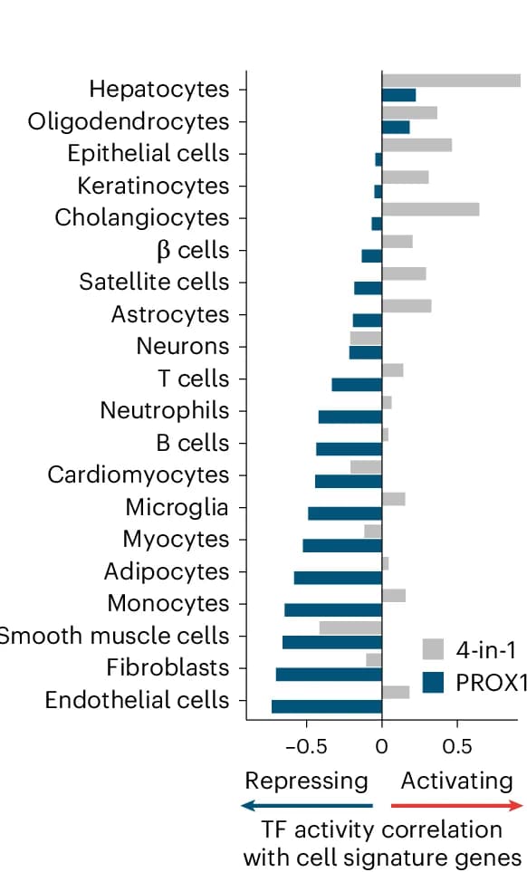 Open access visualization of Bar Plot, Cell Identity Score, Correlation, 4-in-1, PROX1 Regulon Activity