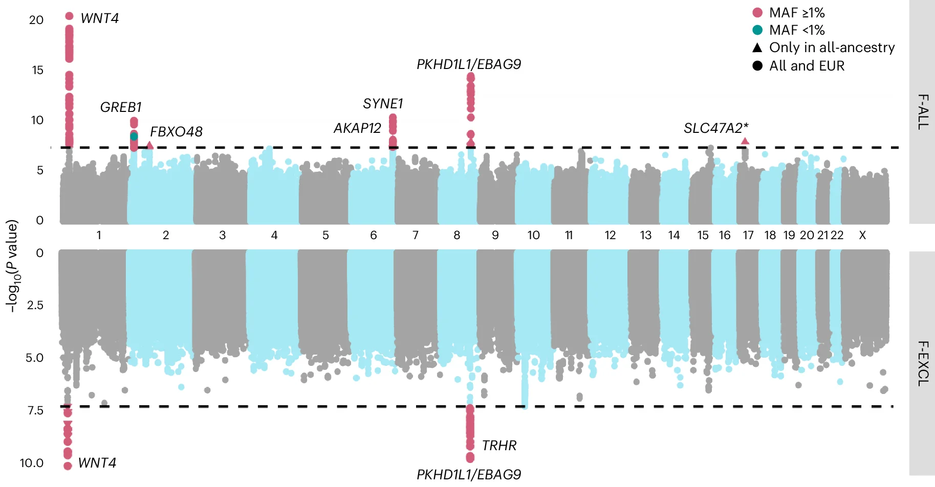 Open access visualization of Manhattan Plot, Genetic Variants, F-ALL, Idiopathic Infertility, Anatomical Causes