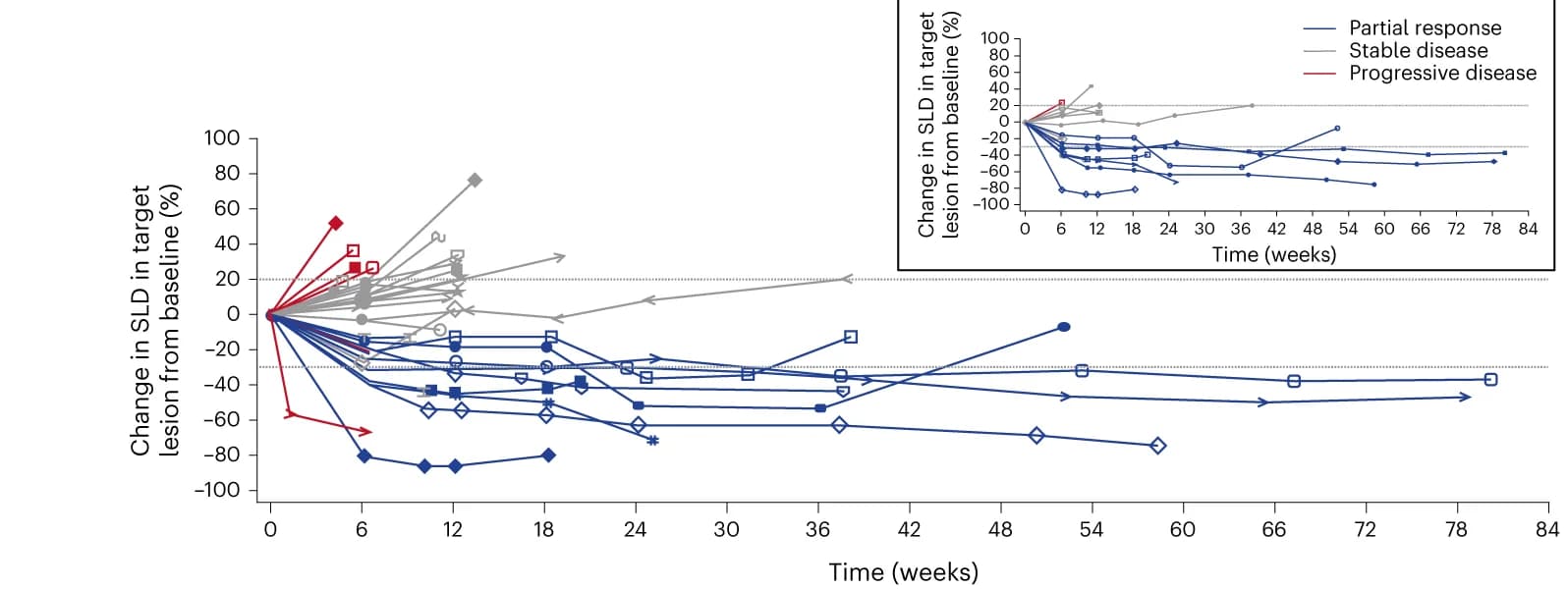 Open access visualization of Line Plot, DoR Profiles, Target Lesions, RECIST 1.1, Treatment Group
