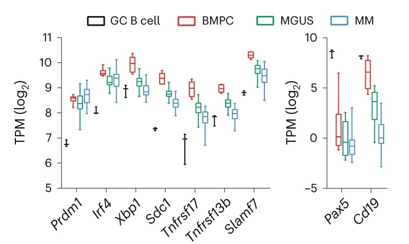Open access visualization of Box Plot, RNA-seq, Plasma Cells, B Cells, MGUS