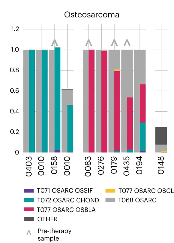 Open access visualization of Stacked Bar Plot, Class Assignment Probabilities, Osteosarcoma Samples, Majority Assignment, Osteosarcoma