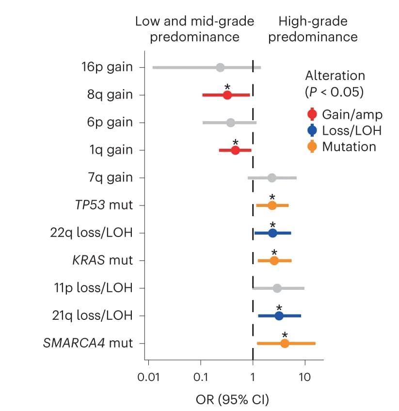 Open access visualization of Forest Plot, Genomic Alterations, High-Grade Tumors, Low-Grade Tumors, Odds Ratio