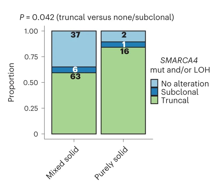 Open access visualization of Stacked Bar Plot, Truncal Gain, Chromosome Arm, Focal 3q, SMARCA4 Mutation