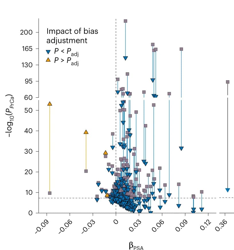 Open access visualization of Scatter Plot, Volcano Plot, GWAS P Values, Prostate Cancer, Bias-Adjusted P Values
