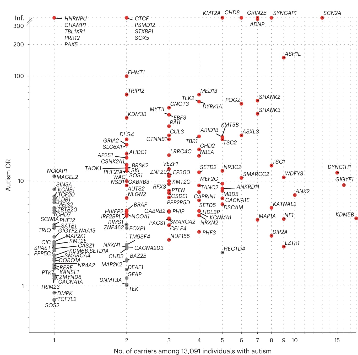 Open access visualization of Scatter Plot, Volcano Plot, S-LoF carriers, Individuals with autism, Autism OR