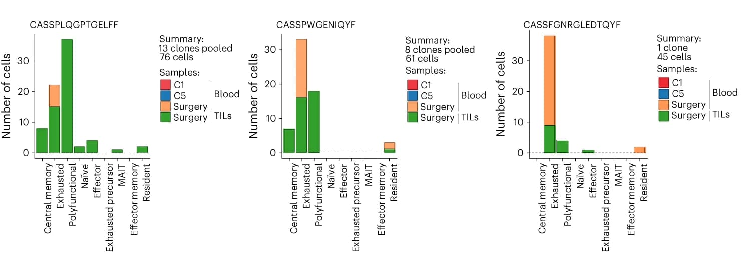 Open access visualization of Stacked Bar Plot, Bar Plots, T Cell Population, Sampling, TCR Clusters