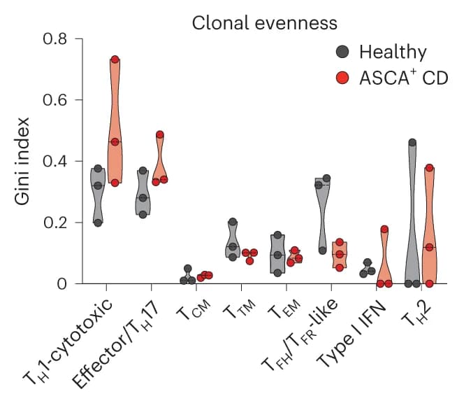 Open access visualization of Violin Plot, Gini Coefficient, T Cell Clusters, TCR-beta Sequences, Fungal Antigen