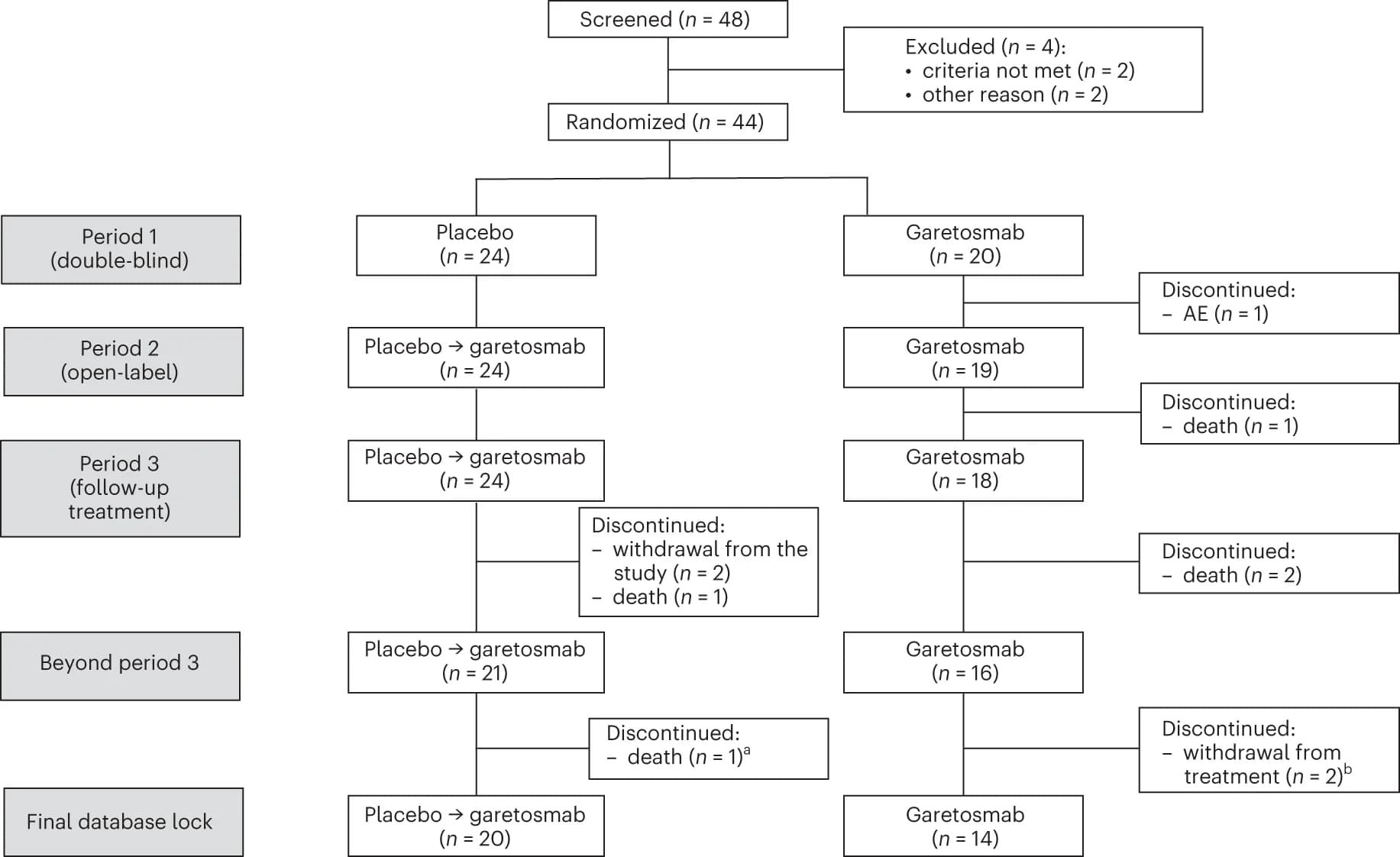 Open access visualization of Workflow, Flowchart, Patients, Garetosmab, Placebo