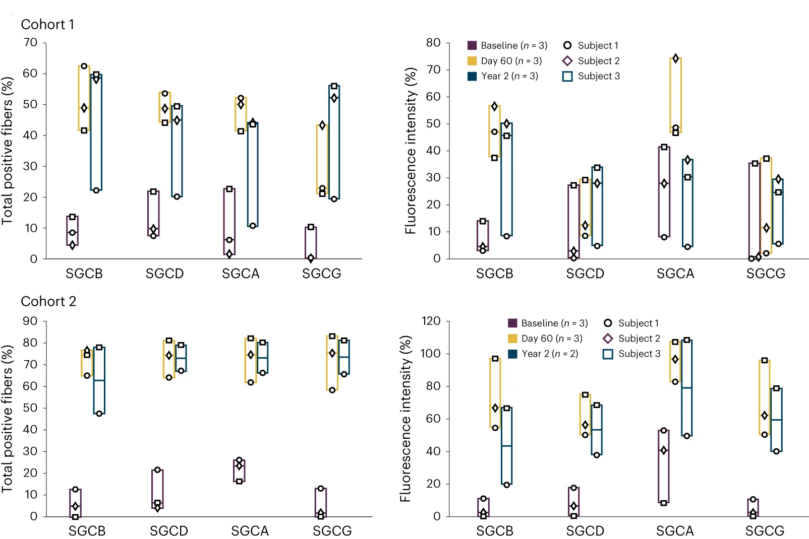Open access visualization of Scatter Plot, Error Bars, Sarcoglycan Complex, Muscle Biopsies, Immunofluorescence