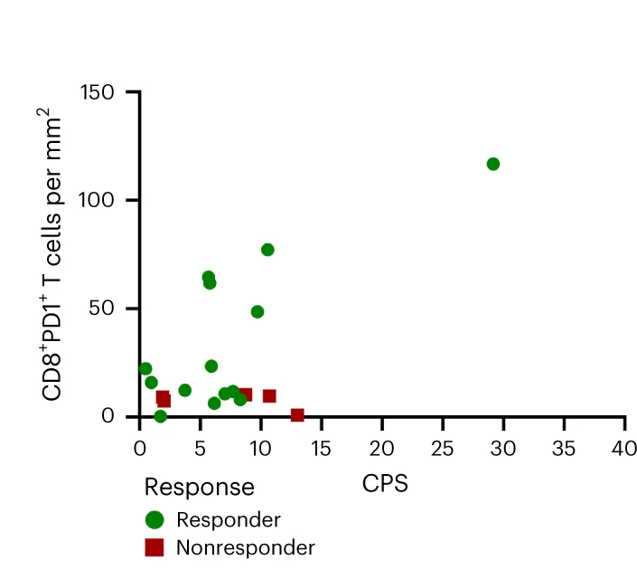Open access visualization of Scatter Plot, PD-L1 CPS, CD8+ PD-1+ T Cells, Responders, Nonresponders