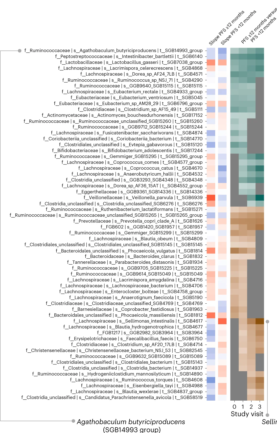 Open access visualization of Heatmap, Microbial SGB, PFS, Study Visits, Log Fold Change