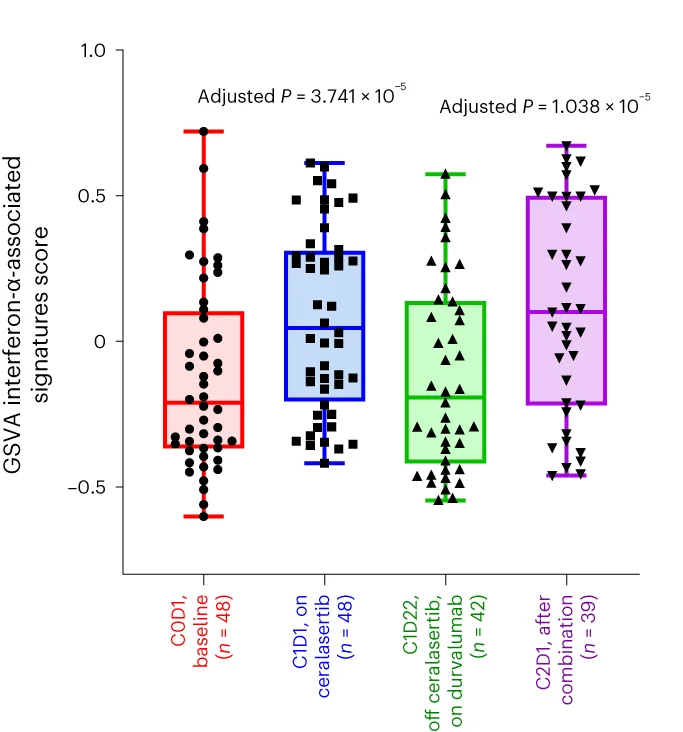 Open access visualization of Box Plot, Scatter Plot, Ceralasertib, Durvalumab, Blood Transcriptomes