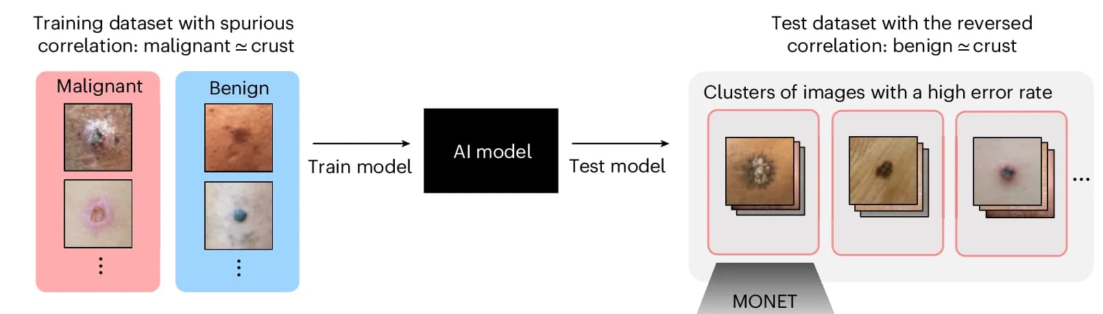 Open access visualization of Workflow, Illustration, MA-MONET, Model Error, Spurious Correlation