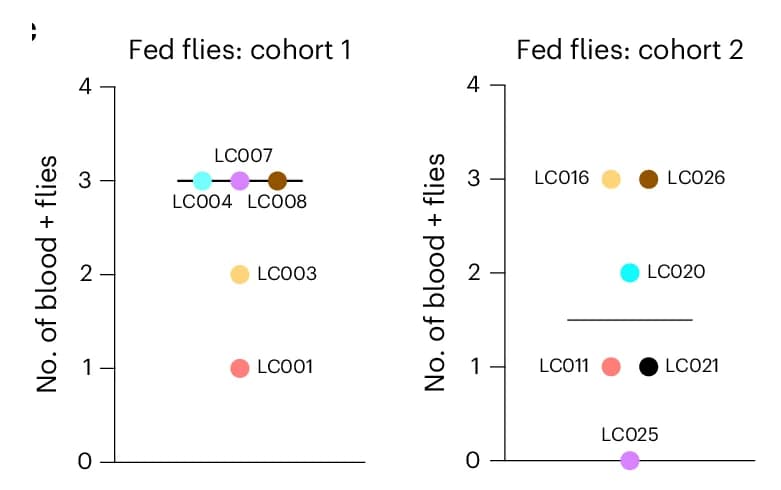 Open access visualization of Scatter Plot, Blood-fed Sand Flies, Participants, Cohort, Mann-Whitney Test
