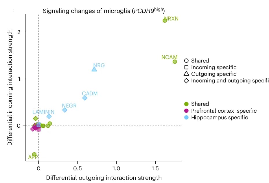 Open access visualization of Scatter Plot, Signaling Changes, Microglia, PCDH9 High, Cell Groups