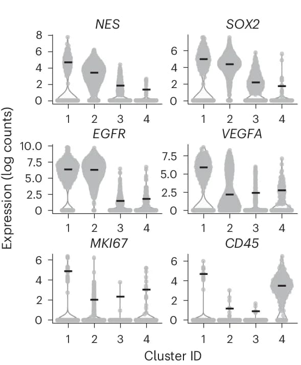 Open access visualization of Violin Plot, scRNA-seq, Marker Genes, Patient Sample, Cluster IDs