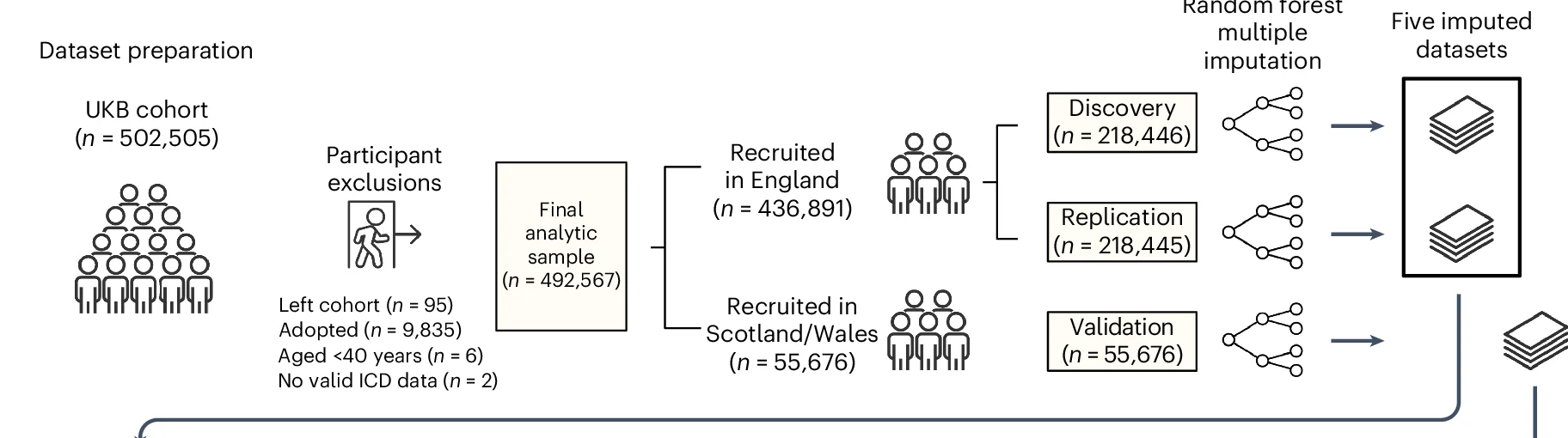 Open access visualization of Workflow, Flowchart, UKB Participants, Discovery Set, Replication Set