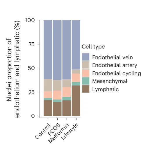 Open access visualization of Stacked Bar Plot, Bar Plot, Endothelial Subclusters, Lymphatic Subclusters, PCOS
