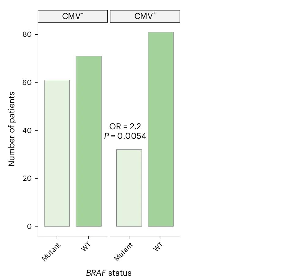 Open access visualization of Bar Plot, Clustered, BRAF Mutation Status, CMV Serostatus, Cutaneous MM
