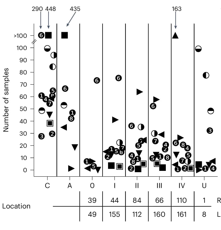 Open access visualization of Scatter Plot, Samples, CRC Stage, Primary Tumor Locations, Cohort