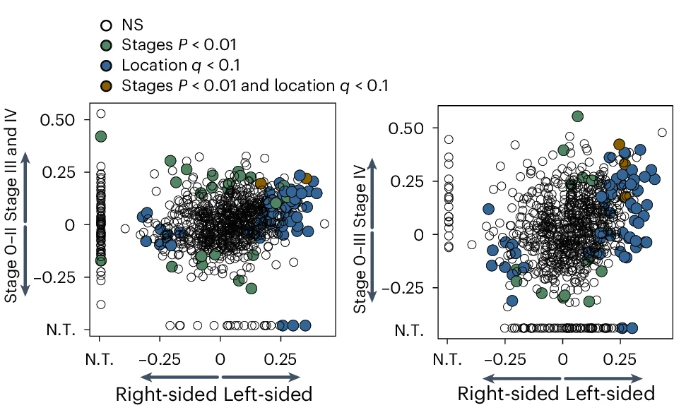 Open access visualization of Scatter Plot, SMD Values, Meta-Analysis, Right-sided Tumor, Left-sided Tumor