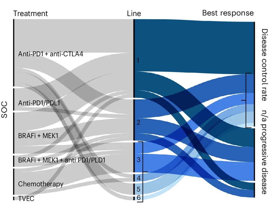 Open access visualization of Sankey, Alluvial Plots, Treatment Types, Treatment Lines, Disease Control Rate