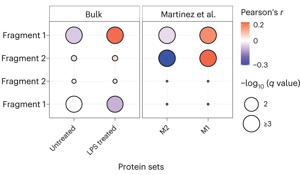 Open access visualization of Bubble Plot, Proteolytic Products, Correlation Analysis, Treatment Group, Macrophage Polarization