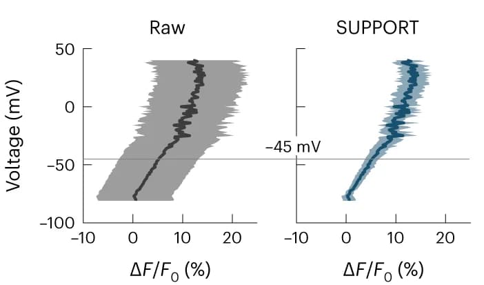 Open access visualization of Line Plot, Error Bars, Transmembrane Potential, d F / F 0, Voltage
