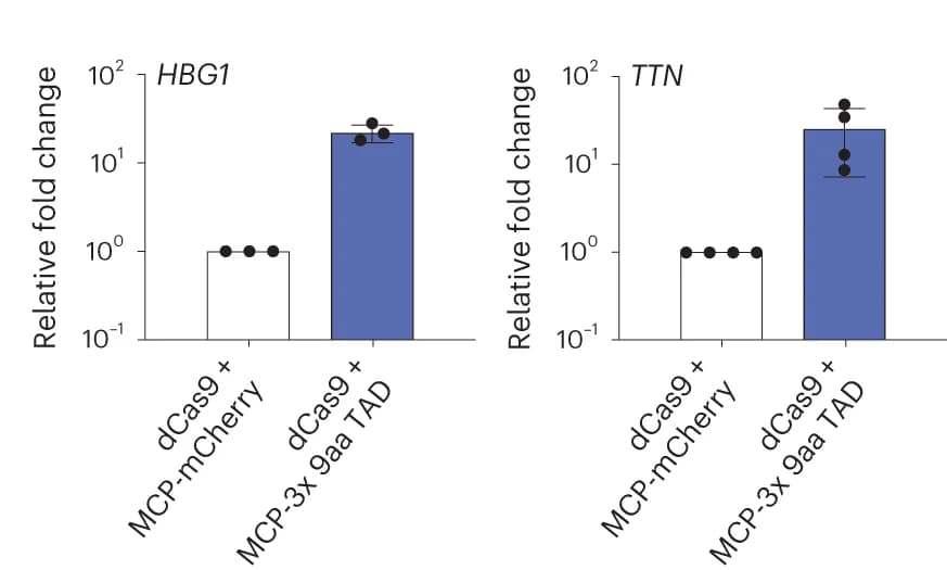 Open access visualization of Bar Plot, Scatter Plot, Error Bars, HBG1 Gene Activation, TTN Gene Activation